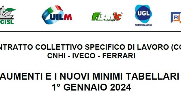 CONTRATTO COLLETTIVO SPECIFICO DI LAVORO ( CNHI IVECO FERRARI)GLI AUMENTI E I NUOVI MINIMI TABELLARI DAL 1 GENNAIO 2024