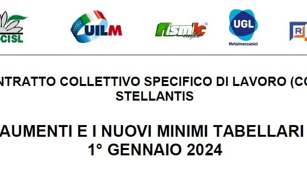 CONTRATTO COLLETTIVO SPECIFICO DI LAVORO ( STELLANTIS GLI AUMENTI E I NUOVI MINIMI TABELLARI DAL 1 GENNAIO 2024