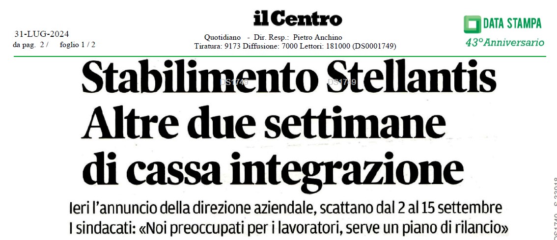 STABILIMENTO STELLANTIS ALTRE DUE SETTIMANE DI CASSA INTEGRAZIONE