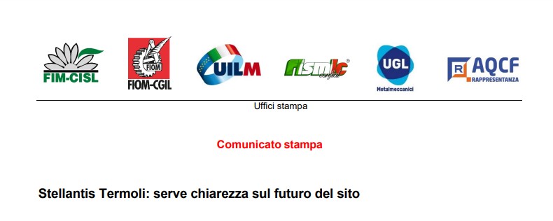 STELLANTIS TERMOLI: SERVE CHIAREZZA SUL FUTURO DEL SITO