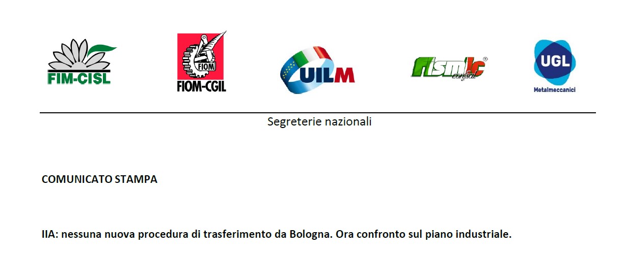 IIA: NESSUNA NUOVA PROCEDURA DI TRASFERIMENTO DA BOLOGNA.ORA CONFRONTO SUL PIANO INDUSTRIALE.