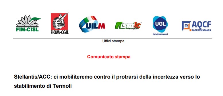 STELLANTIS/ACC: CI MOBILITEREMO CONTRO IL PROTRARSI DELLA INCERTEZZA VERSO LO STABILIMENTO DI TERMOLI