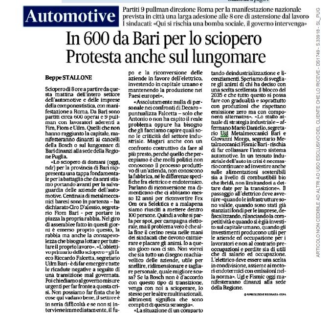 IN 600 DA BARI PER LO SCIOPERO AUTOMOTIVE, PROTESTA ANCHE SUL LUNGOMARE