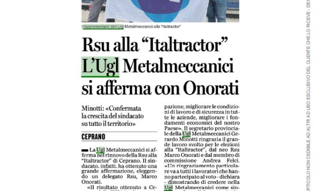 RSU ALLA “ITALTRACTOR” L’UGL METALMECCANICI SI AFFERMA CON ONORATI