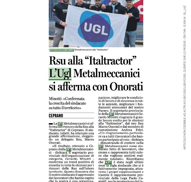 RSU ALLA “ITALTRACTOR” L’UGL METALMECCANICI SI AFFERMA CON ONORATI