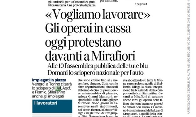 “VOGLIAMO LAVORARE”, GLI OPERAI IN CASSA RIUNITI IN ASSEMBLEA DAVANTI A MIRAFIORI