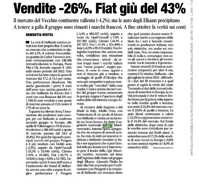 LA CRISI DI STELLANTIS SENZA FINE, VENDITE -26%. FIAT GIÙ DEL 43%