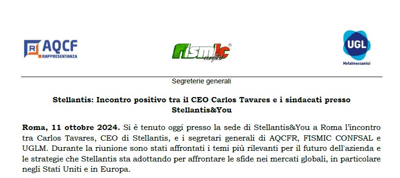 STELLANTIS : INCONTRO POSITIVO TRA IL CEO CARLOS TAVARES E I SINDACATI PRESSO STELLANTIS&YOU