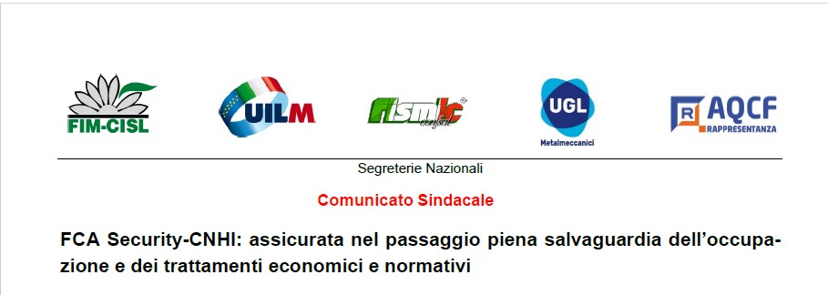 FCA SECURITY : ASSICURATA NEL PASSAGGIO PIENA SALVAGUARDIA DELL’OCCUPAZIONE E DEI TRATTAMENTI ECONOMICI E NORMATIVI