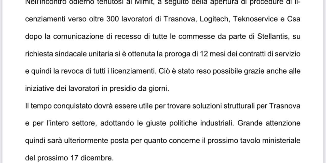 AUTOMOTIVE:  SCONGIURATI I LICENZIAMENTI IN TRASNOVA, LOGITECH, TEKNOSERVICE E CSA