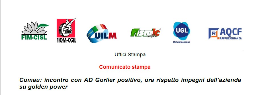 COMAU: INCONTRO CON AD GORLIER POSITIVO, ORA RISPETTO IMPEGNI DELL’AZIENDA SU GOLDEN POWER