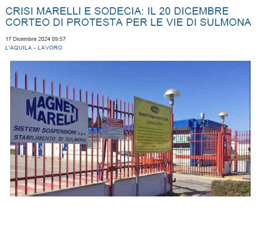 CRISI MARELLI E SODECIA : IL 20 DICEMBRE CORTEO DI PROTESTA PER LE VIE DI SULMONA