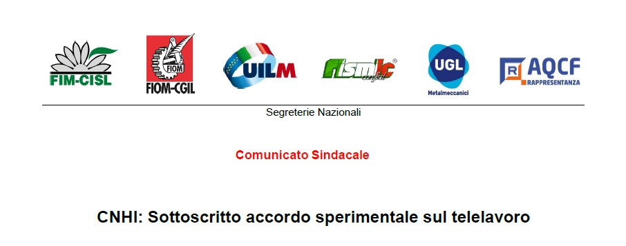 CNHI: SOTTOSCRITTO ACCORDO SPERIMENTALE SUL TELELAVORO