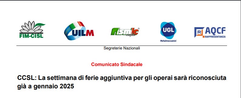 CCSL: LA SETTIMANA DI FERIE AGGIUNTIVA PER GLI OPERAI SARÀ RICONOSCIUTA GIÀ A GENNAIO 2025