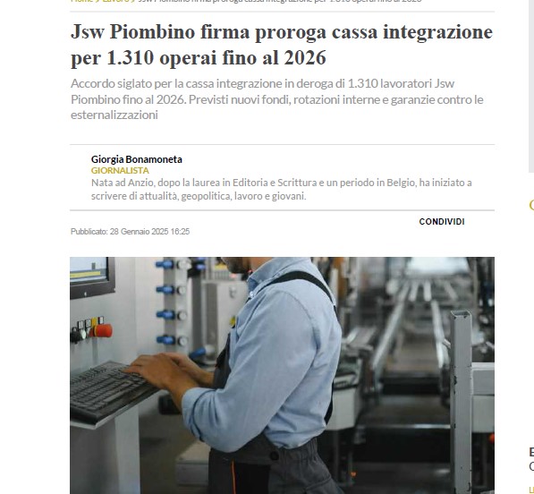 JSW PIOMBINO FIRMA PROROGA CASSA INTEGRAZIONE PER 1.310 OPERAI FINO AL 2026