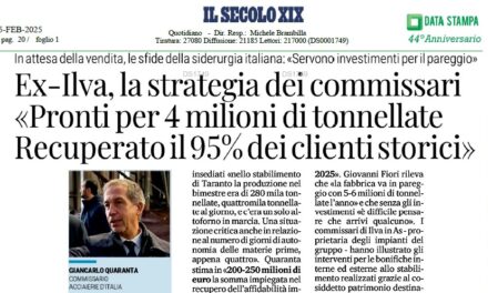 EX- ILVA, LA STRATEGIA DEI COMMISSARI “PRONTI PER 4 MILIONI DI TONNELLATE. RECUPERATO IL 95% DEI CLIENTI STORICI”