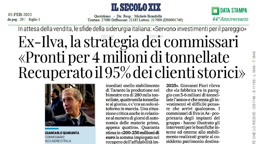 EX- ILVA, LA STRATEGIA DEI COMMISSARI “PRONTI PER 4 MILIONI DI TONNELLATE. RECUPERATO IL 95% DEI CLIENTI STORICI”