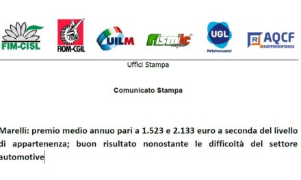 Marelli: premio medio annuo pari a 1.523 e 2.133 euro a seconda del livello di appartenenza; buon risultato nonostante le difficoltà del settore automotive